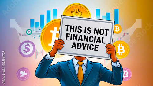 business man with board 3D Gradient Lo-Fi Illustration of 'Not Financial Advice' Disclaimer Scene