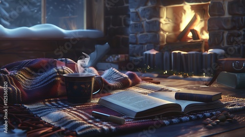 A cozy scene with a hot chocolate mug, a book, and a wool blanket by the fireplace,