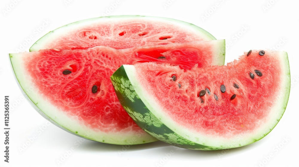 A fresh watermelon cut into slices, showcasing its juicy red interior and green rind.