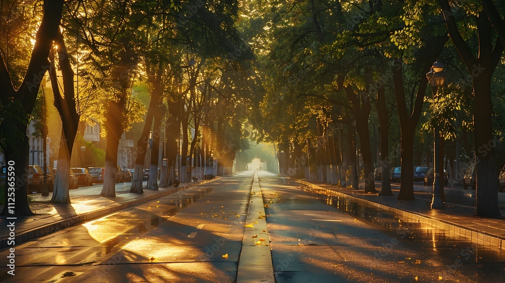 A broad avenue lined with trees, the street empty under the soft light of dawn A broad avenue lined with trees, the street empty under the soft light of dawn