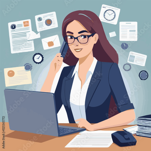 Happy woman working at home with laptop , freelance, coworking space, vector concept illustration, woman freelancer working on computer, can use for, landing page, template, ui, web, homepage, poster.