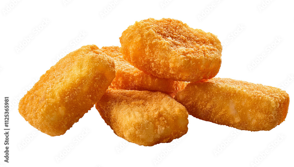 Delicious crispy chicken nuggets falling on transparent background Delicious crispy chicken nuggets falling on transparent background