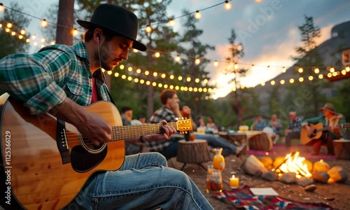Close-up of a person playing acoustic guitar at an outdoor evening gathering with string lights and a bonfire in the background.
