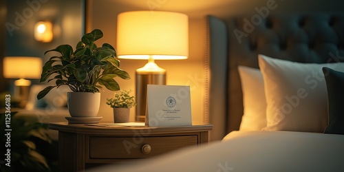 Cozy hotel room nightstand with key and welcome letter for relaxing stay