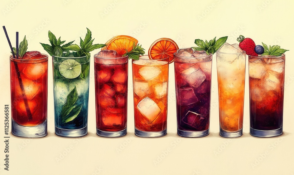 Illustration of fruit drinks on a light background. Illustration of fruit drinks on a light background.
