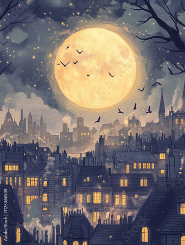 Witch flying on broomstick under a full moon in a mystical night  