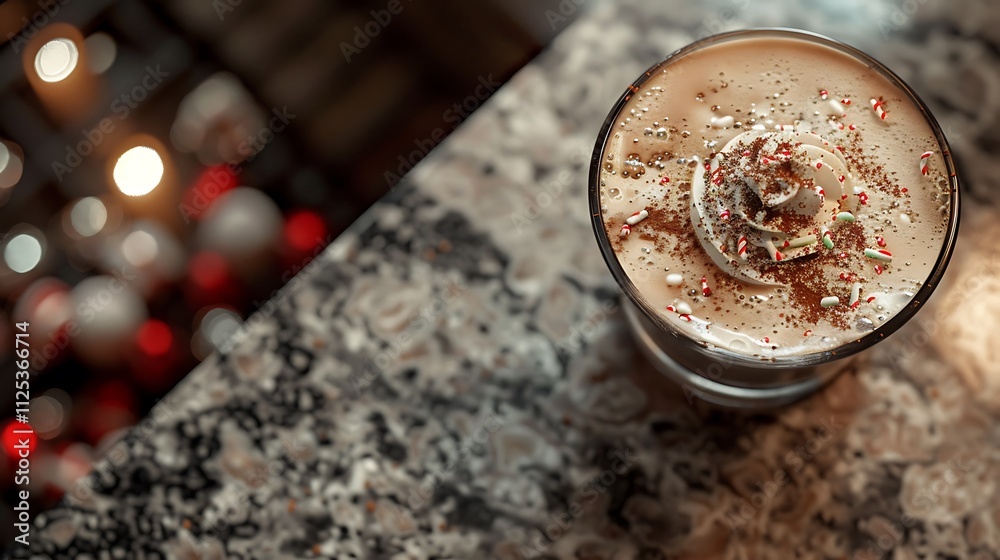 A frothy hot chocolate topped with crushed peppermint, sitting on a granite counter, A frothy hot chocolate topped with crushed peppermint, sitting on a granite counter,