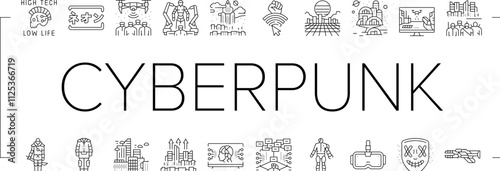 cyberpunk digital city future icons set vector. cyber technology, modern street, night light, building urban, fantasy, town blue cyberpunk digital city future black contour illustrations