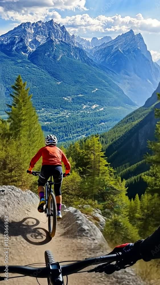 Woman riding mountain bike descending mountain trail Woman riding mountain bike descending mountain trail