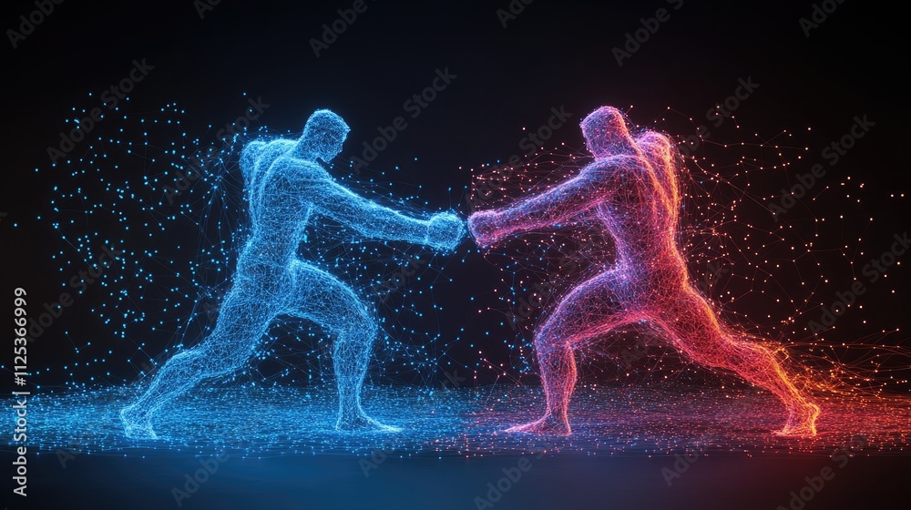 Fototapeta premium Digital Duel: Two Holographic Fighters Clashing in a Futuristic Combat Arena