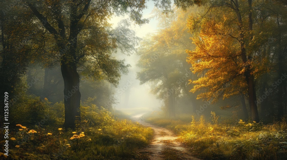 Obraz premium Misty autumn path through golden forest.