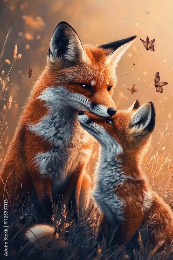 Obraz premium Tender Fox Moment: Mother and Kit in Autumn Bliss with Fluttering Butterflies
