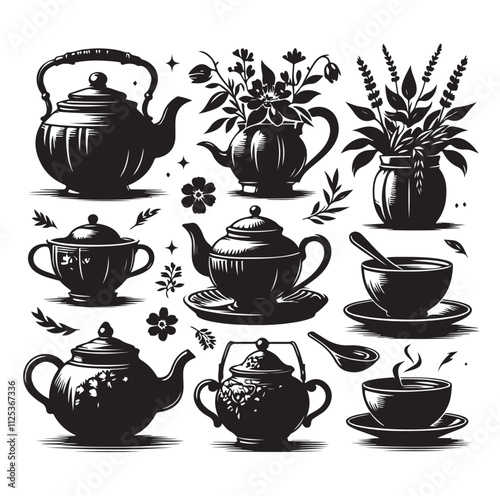 Tea pot set silhouette vector illustration