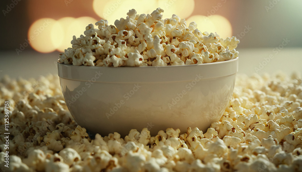 Popcorn Bowl Surrounded by Scattered Popcorn Kernels at a Cozy Movie Night Popcorn Bowl Surrounded by Scattered Popcorn Kernels at a Cozy Movie Night