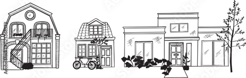 Ensemble Illustration maison vecteur lignes noires immeuble architecture