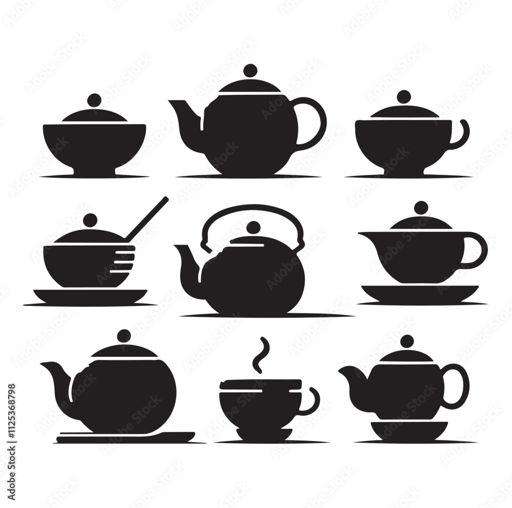 Tea pot set silhouette vector illustration Tea pot set silhouette vector illustration