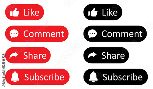 Like, Share, subscribe and comment icons buttons set with black and red color. Like button, thumb up, comment, repost and share icon buttons. Social media icons. Flat style. Vector illustration.