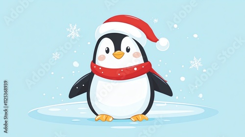 cartoon illustration flat design style cute penguin wearing a Santa hat and scarf on an ice floe