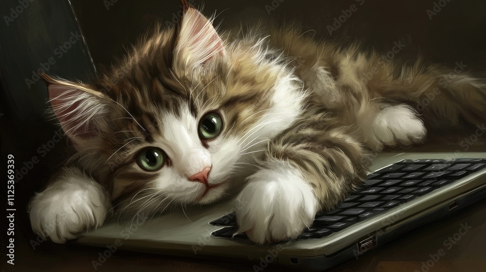 Adorable Kitten Lounging on Laptop Keyboard with Curious Expression Adorable Kitten Lounging on Laptop Keyboard with Curious Expression