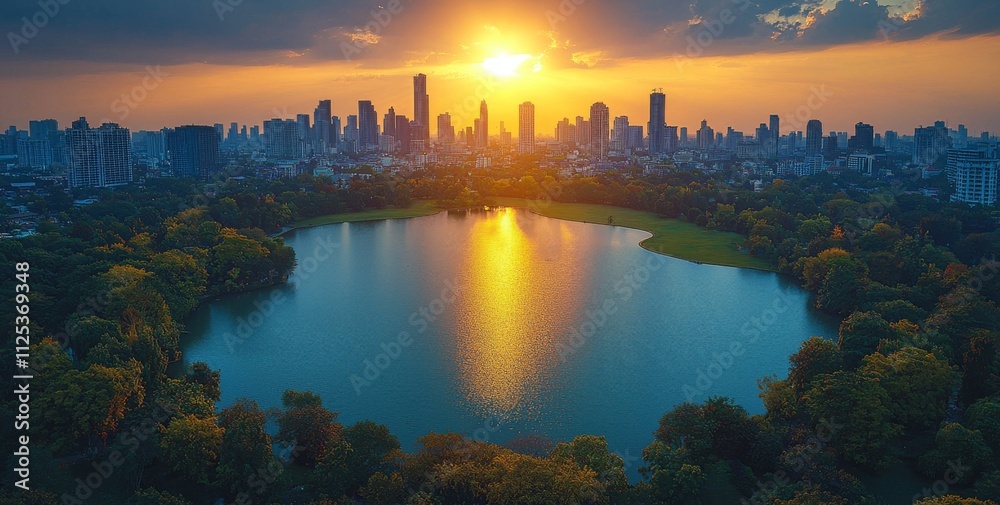 Fototapeta premium The rooftop bar of a hotel in Bangkok, Thailand, offers a stunning view of Lumpini Park and the city's skyline.