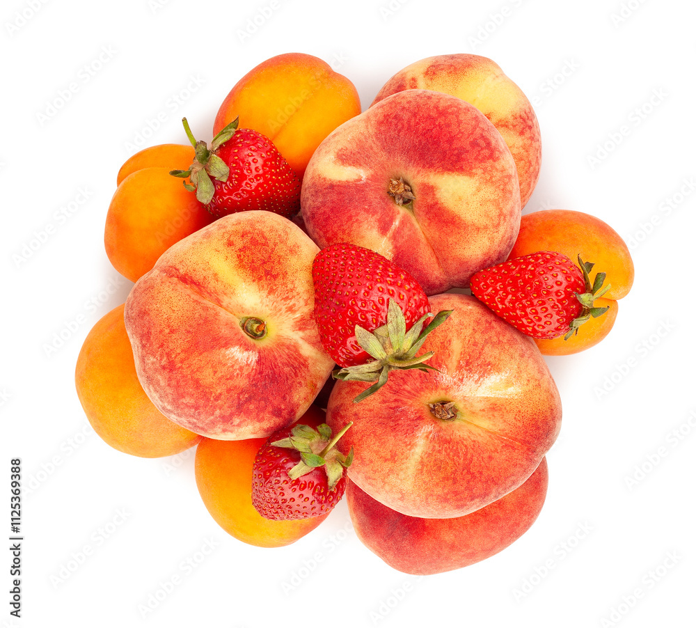 flat peach apricots strawberry path isolated on white top view flat peach apricots strawberry path isolated on white top view