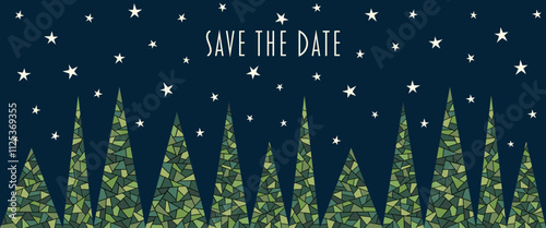Save the Date - Schriftzug in englischer Sprache - Reserviere den Termin. Banner mit abstrakten Tannenbäumen vor einem Sternenhimmel.