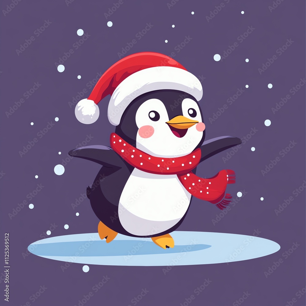 Naklejka premium cartoon illustration flat design style cute penguin wearing a Santa hat and scarf on an ice floe