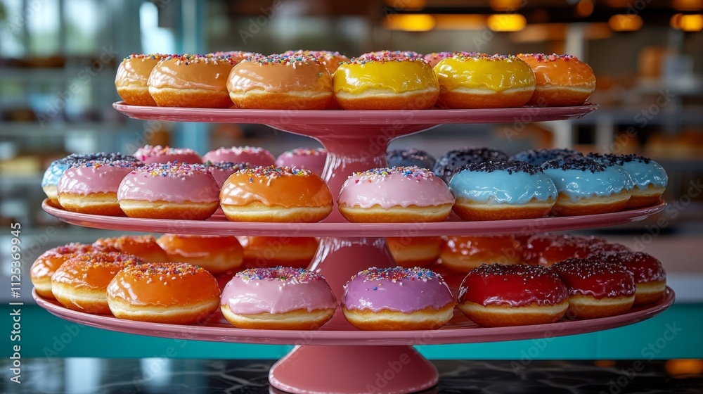 A tiered stand showcases an array of glazed donuts in various colors and flavors topped with sprinkles. The inviting bakery interior adds to the cheerful atmosphere. A tiered stand showcases an array of glazed donuts in various colors and flavors topped with sprinkles. The inviting bakery interior adds to the cheerful atmosphere.