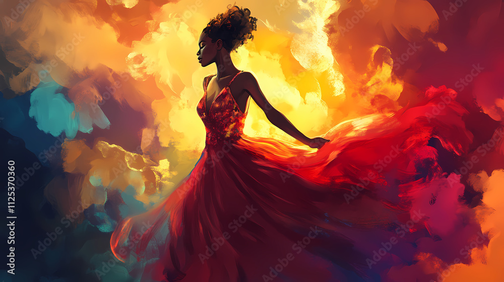 custom made wallpaper toronto digitalA graceful black woman dances in a flowing, vibrant dress, surrounded by colorful, radiant smoke on a bright background. Radiant. Illustration