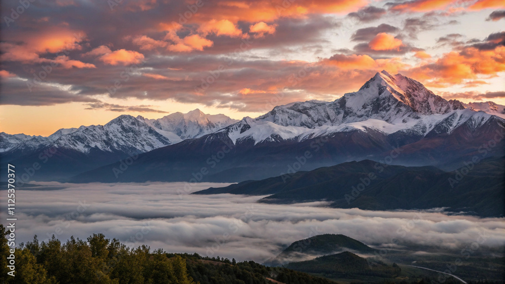Majestic Sunrise over Snow-Capped Mountains and Clouds Majestic Sunrise over Snow-Capped Mountains and Clouds