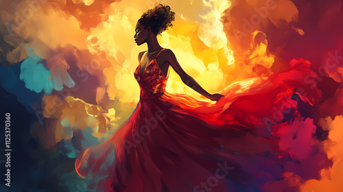 Wallpaper Mural A graceful black woman dances in a flowing, vibrant dress, surrounded by colorful, radiant smoke on a bright background. Radiant. Illustration Torontodigital.ca
