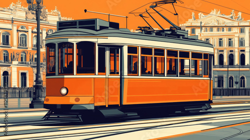 Vintage Tram on European Street with Historic Architecture in Background