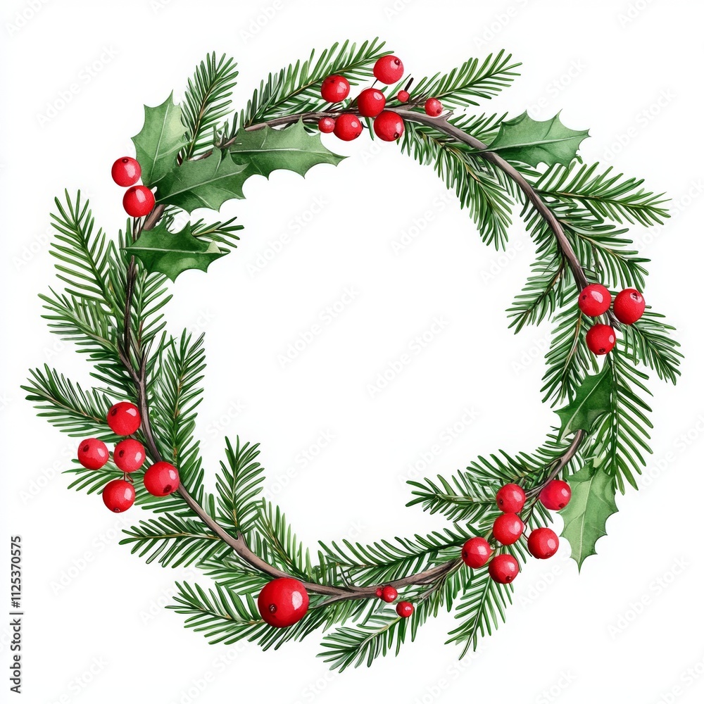 A watercolor round Christmas frame with fir branches, berries, leaves, and winter plants, set against a white background. This botanical holiday illustration is ideal for wedding invitation card A watercolor round Christmas frame with fir branches, berries, leaves, and winter plants, set against a white background. This botanical holiday illustration is ideal for wedding invitation card