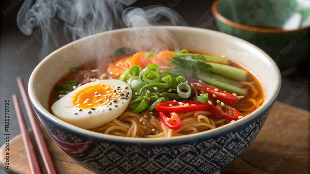 Steaming Bowl of Spicy Ramen Noodles with Soft Boiled Egg