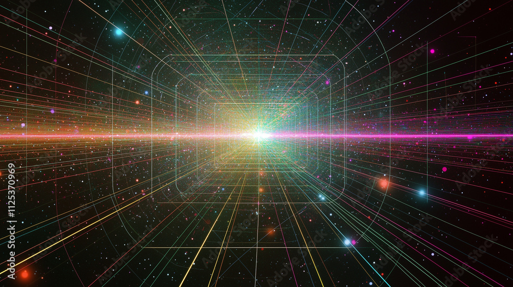 A vaporwave or synthwave aesthetic tech background with a computerized grid, lens flare and vivid pink, blue , turquoise colors. A space theme arcade or sci-fi space ship interface screen.