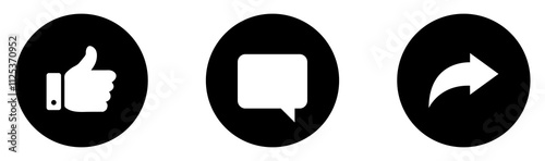 Like, Share and comment icons buttons set with black color. Like icon button, thumb up, comment, repost and share icon buttons. Social media notification icons. Flat design. Vector illustration.