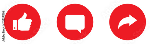 Like, Share and comment icons buttons set with red color. Like icon button, thumb up, comment, repost and share icon buttons. Social media icons set in flat style. Vector illustration.