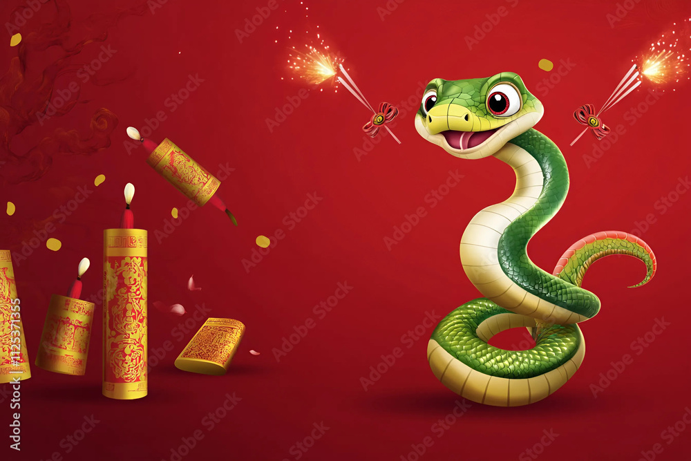 Fototapeta premium Año nuevo chino, año de la serpiente en China. Serpiente sobre elementos tradicionales.
