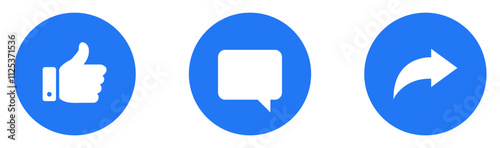 Like, Share and comment icons buttons set with blue and white color. Like icon button, thumb up, comment, repost and share icon buttons. Social media icons set in flat design. Vector illustration.