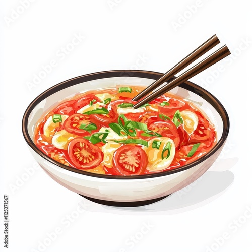 Chinese tomato and egg stir-fry fan qie chao dan national cuisine dish isolated on white background, colorful cartoon illustration photo