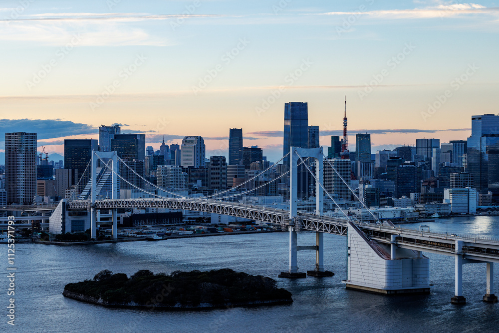 Fototapeta premium A stunning cityscape view at dusk featuring bridges amidst a vibrant skyline of buildings