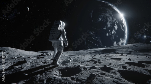 A man in a spacesuit is walking on the surface of the moon photo