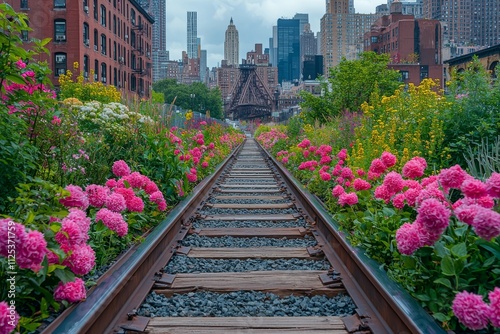 A high vantage point from The High Line overlooking West 17th Street in New York City, with the foreground featuring the colorful flowers and shrubs in the park. photo