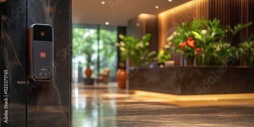 Modern hotel design with electronic room key on marble surface