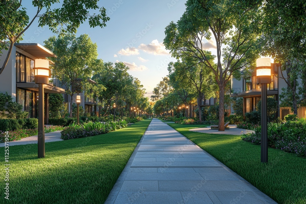 Obraz premium A pathway in an urban park lit by city lights or lanterns.