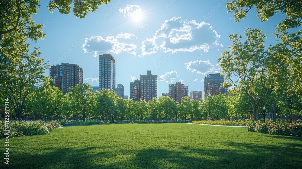 A cityscape with towering skyscrapers, a church spire, a park, and trees.