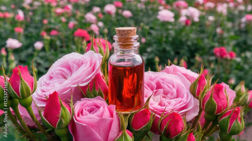 Promotional photo of rosehip oil in a small glass bottle. The oil has a rich, dark red hue that conveys the aroma of rose petals. The bottle is surrounded by a luxurious bed of roses. Promotional photo of rosehip oil in a small glass bottle. The oil has a rich, dark red hue that conveys the aroma of rose petals. The bottle is surrounded by a luxurious bed of roses.