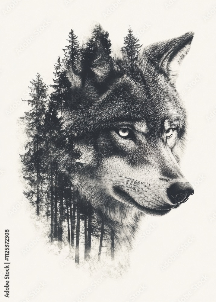 Double Exposure of Wolf Portrait and Forest Trees Under Moonlight Double Exposure of Wolf Portrait and Forest Trees Under Moonlight
