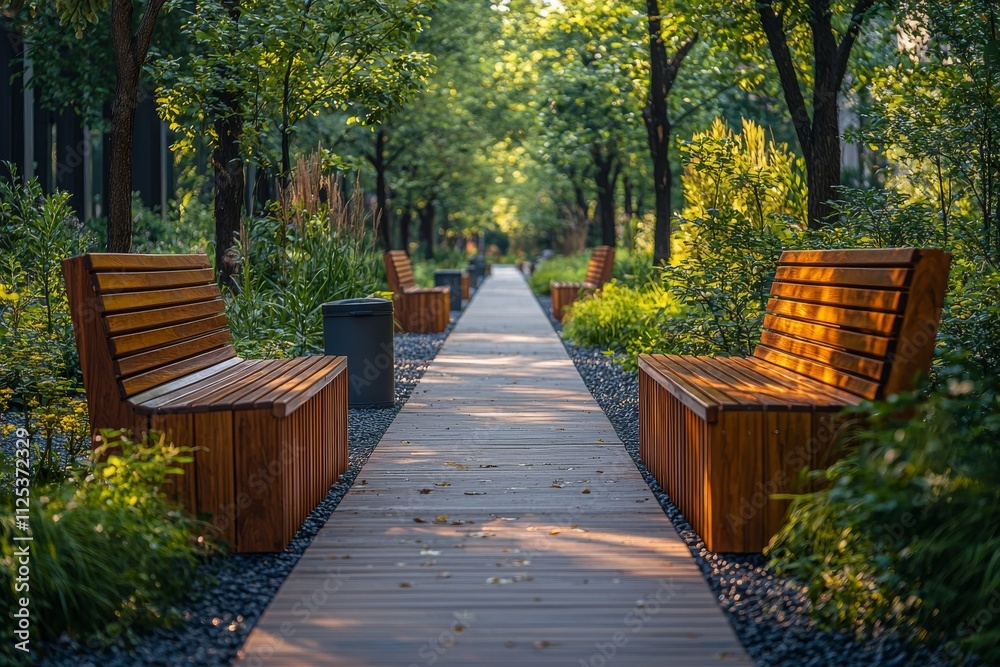 The city park features a stunning landscape design, offering a delightful spot for citizens to walk and relax, complete with wooden benches and a paved pathway.