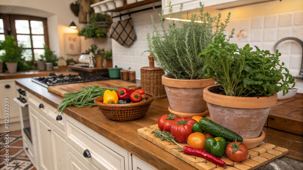 Rustic Kitchen Counter with Fresh Herbs and Vegetables Rustic Kitchen Counter with Fresh Herbs and Vegetables